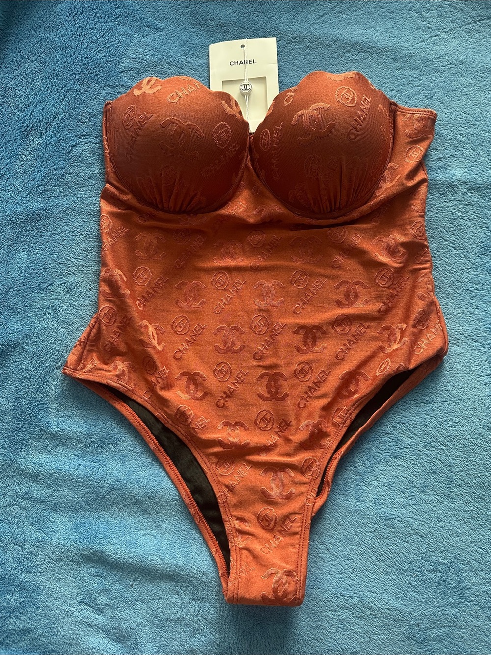 CHANEL Burnt Orange Monogram Strapless One-Piece Swimsuit/Bodysuit